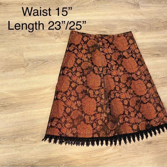 NEW ANNI KUAN A-LINE BRONZE & BLACK SEMI METALLIC ACCENT LACED HEM MIDI SKIRT 4 - Picture 14 of 14